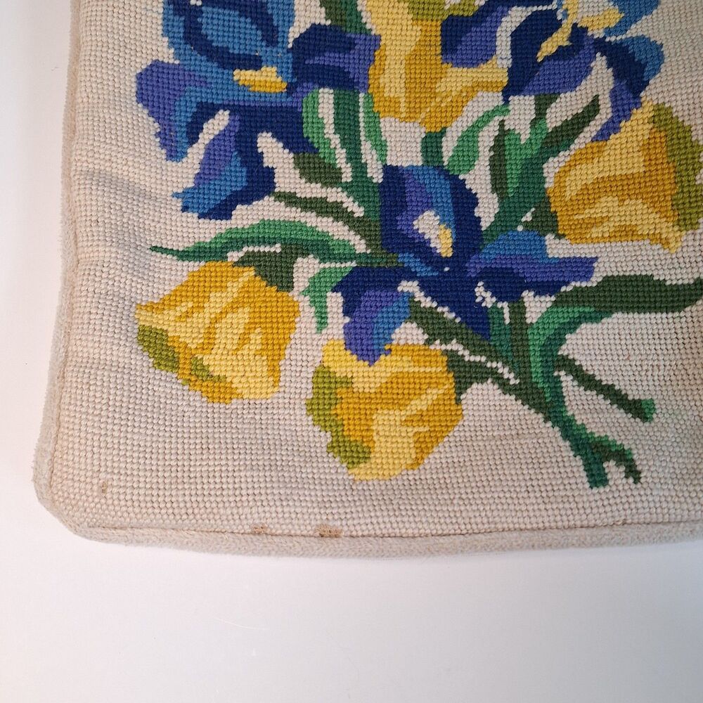 Iris Floral Vintage Needlepoint Pillow cover 13x13 blue, yellow, beige handmade
